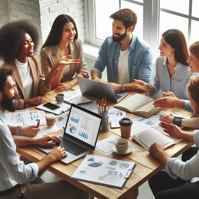 A picture of a diverse group working together.