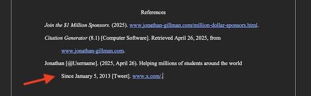 A screenshot providing an example of the References page.