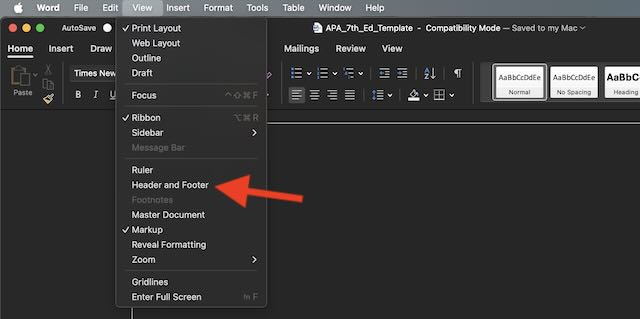 A screenshot showing where the 'Header and Footer' option is located in the menu dropdown.